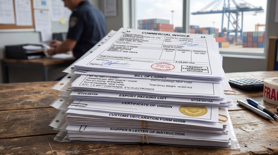 Commercial shipping containers and export documents representing international matcha logistics impact