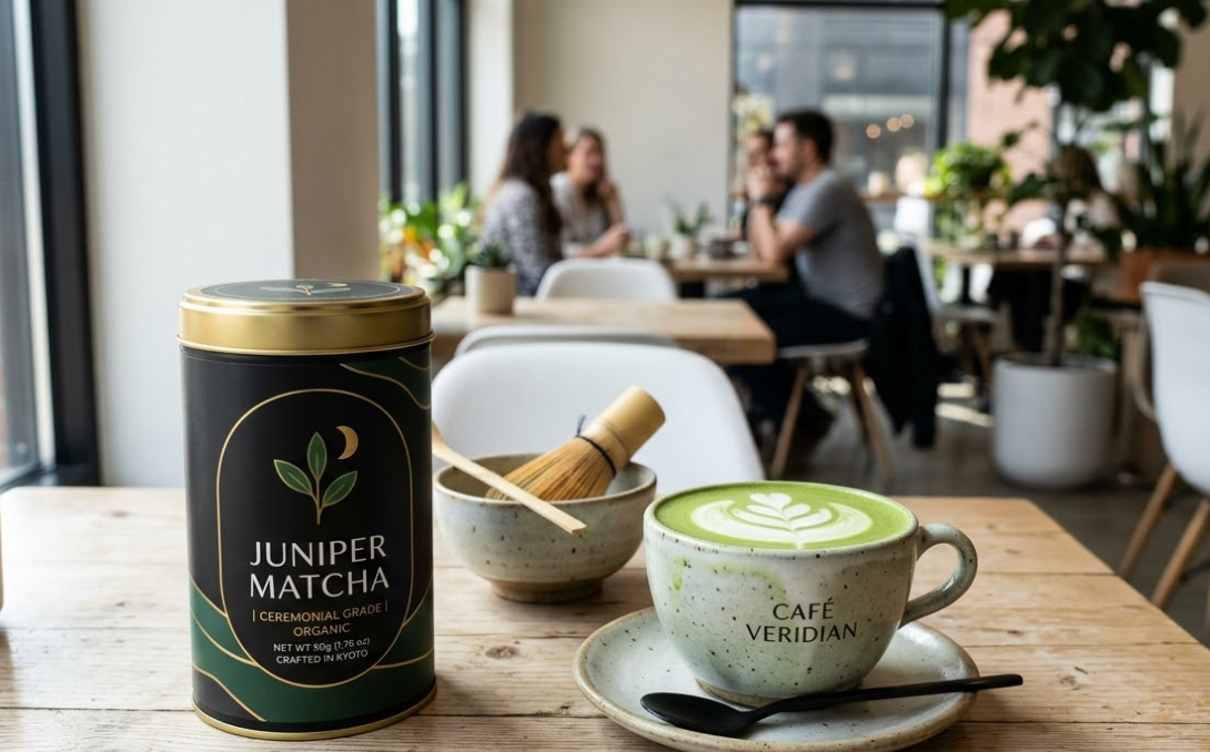 A custom-branded retail tin of matcha powder next to a cafe's matcha latte
