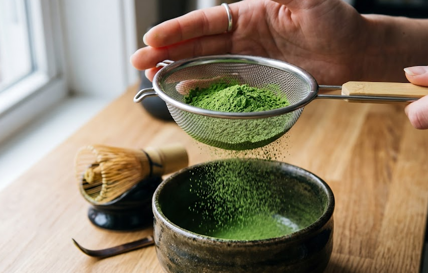 A close-up of high-quality matcha powder being sifted