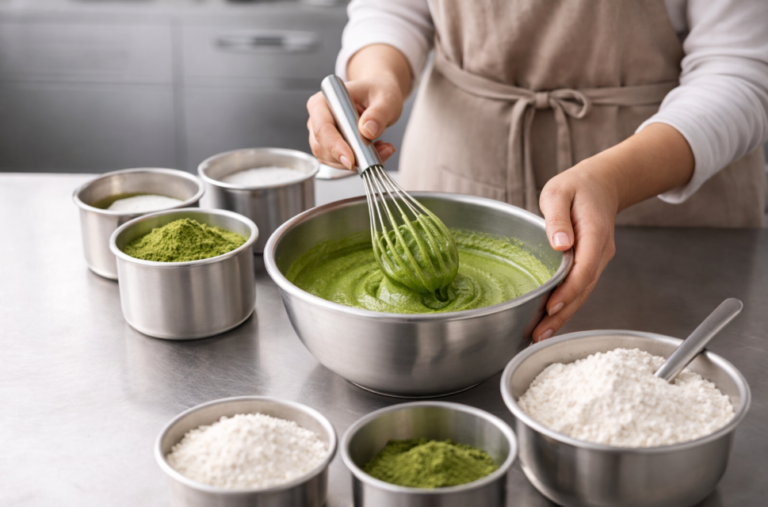 Baker whisking vibrant matcha batter in a stainless steel bowl with measured ingredients on a clean commercial worktop