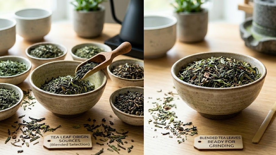 alt with keywords: many small piles of tea leaves being combined