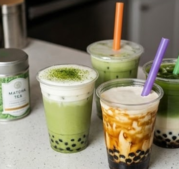 Assorted bubble tea drinks on a counter, including matcha and brown sugar milk tea with colorful straws.