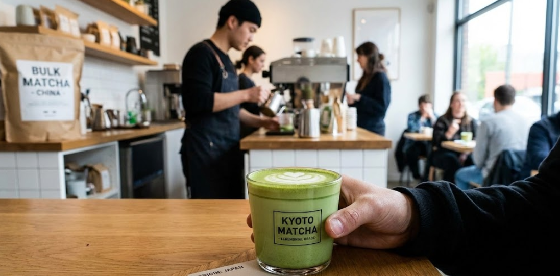 A bright green matcha latte in a coffee shop setting