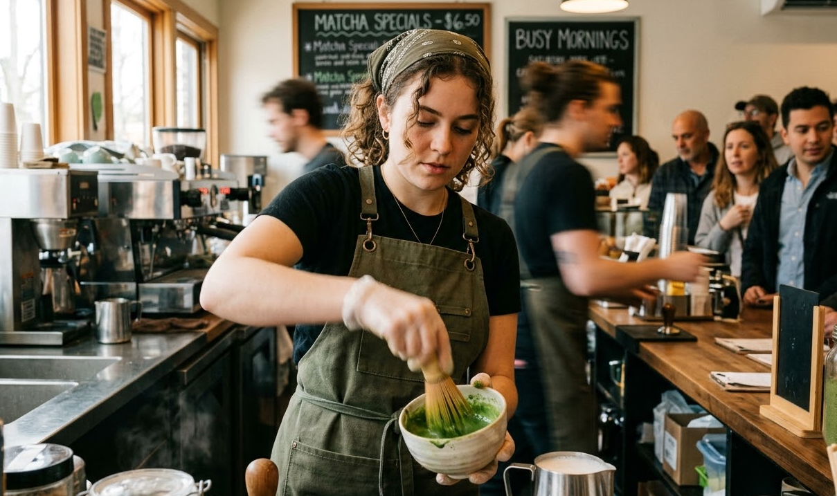 A barista quickly making a matcha latte behind a busy counter