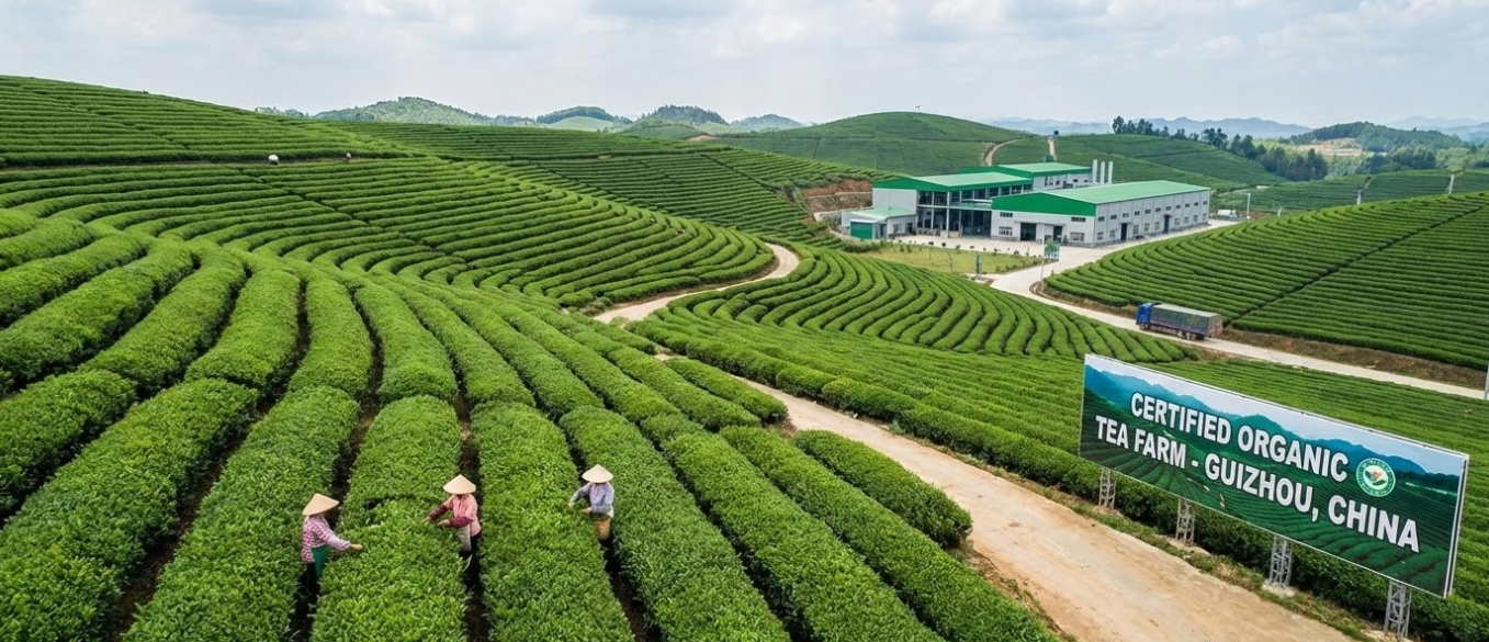 a large organic matcha tea garden in Guizhou