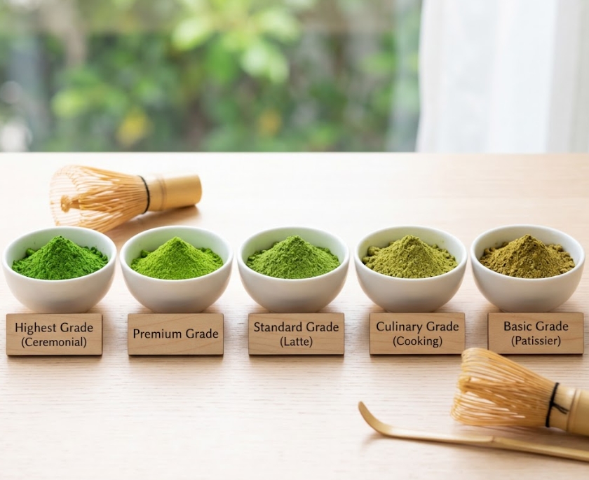 Different grades of matcha powder in bowls showing color variation