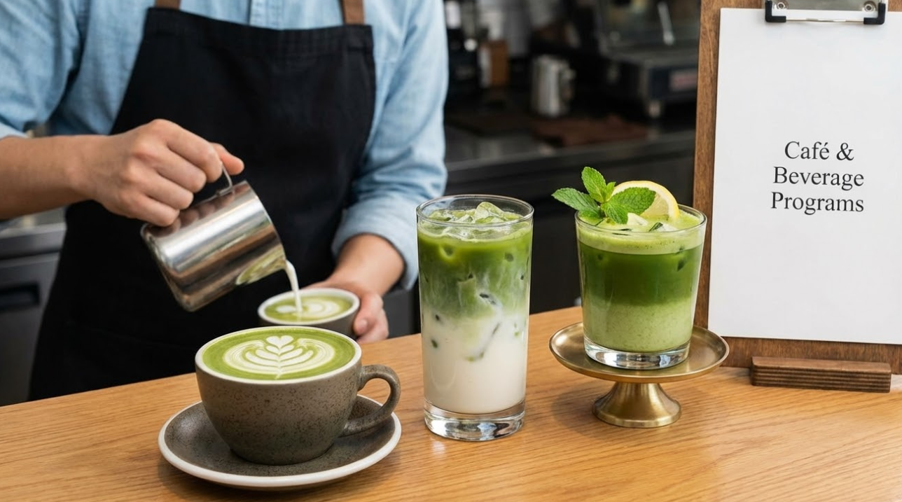 Barista pouring milk for matcha latte art at a cafe counter, with iced matcha drinks and a beverage program sign.