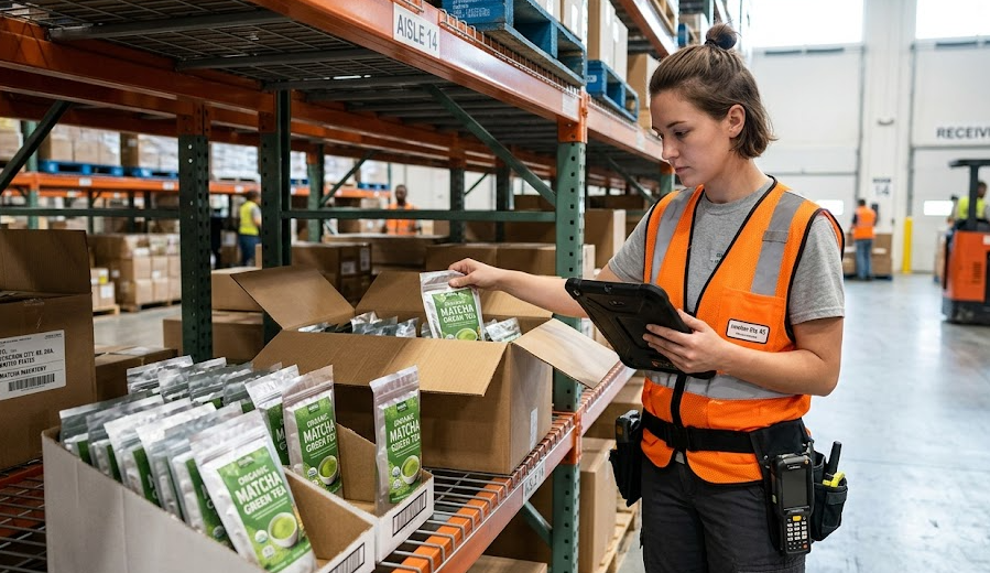 A warehouse worker checking inventory of matcha packages