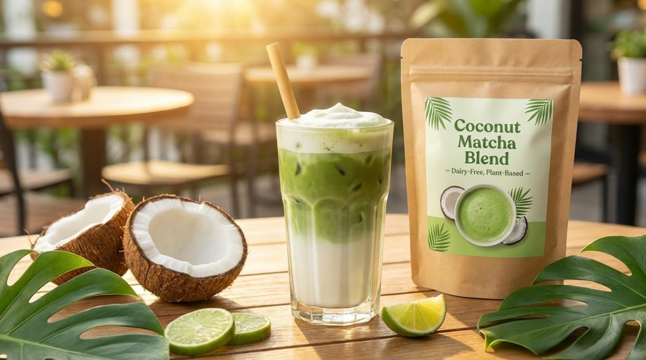 Iced dairy-free coconut matcha latte next to a retail bag and fresh coconuts on a tropical patio.