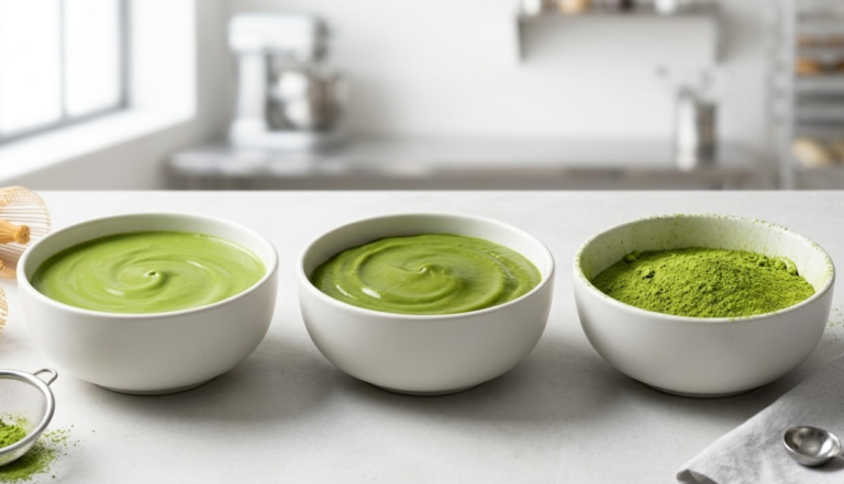 High-quality commercial matcha powder and pastry cream texture photography with traditional Japanese tools.