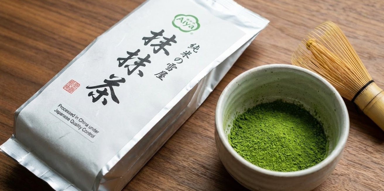 A package with Japanese lettering next to a bowl of vibrant green matcha powder