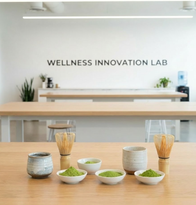 OEM and private label functional matcha concepts display in a wellness innovation lab, with a whiteboard listing wellness and low-caf options.