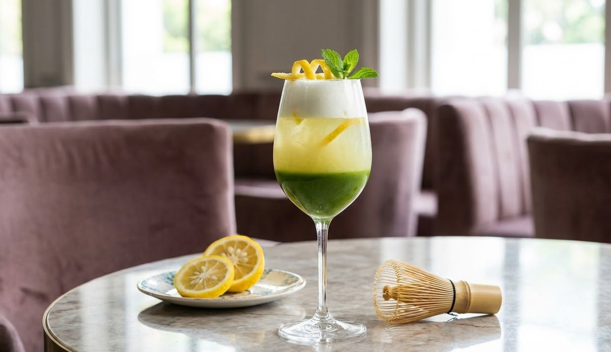 Elegant layered yuzu citrus matcha drink in a stemmed glass with garnish in a high-end cafe.