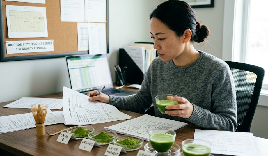 A person reviewing documents and matcha samples at a desk