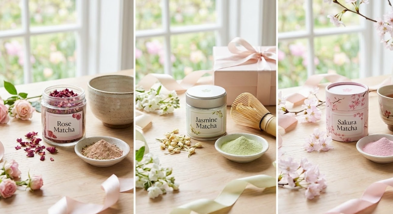 Triptych showing floral flavored matcha powders and packaging: Rose, Jasmine, and Sakura varities.
