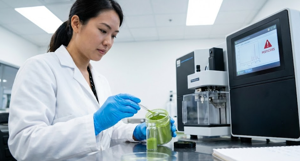 A lab technician testing matcha powder for purity and contaminants
