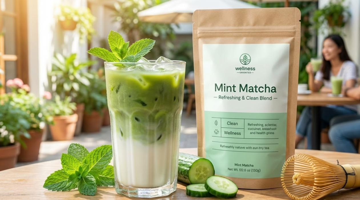 Refreshing iced mint matcha latte garnished with fresh mint and cucumber next to a wellness wellness pouch.