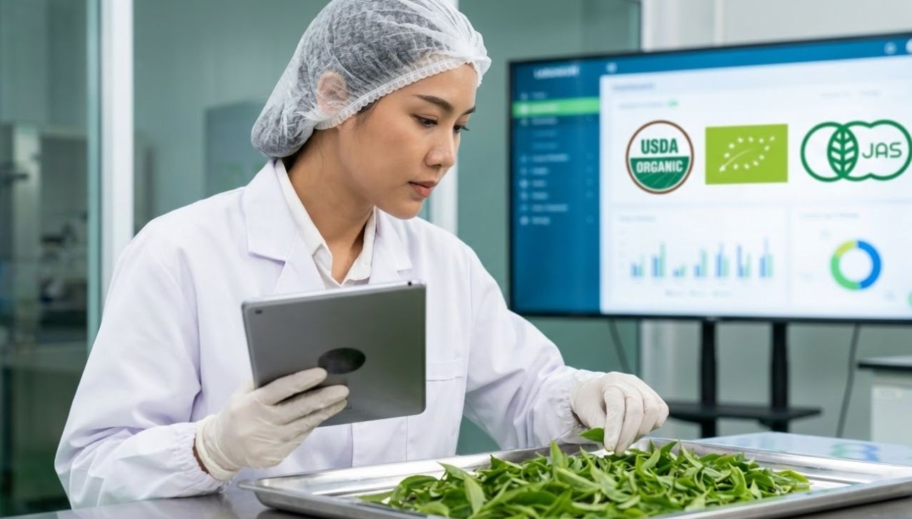 Quality control expert inspecting fresh tea leaves in a lab with certification logos.