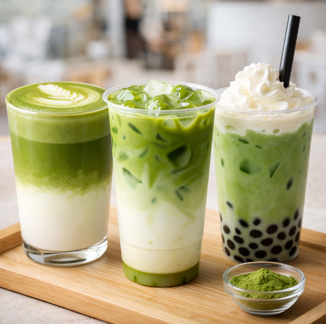 Matcha latte, iced matcha, and matcha bubble tea on wooden tray