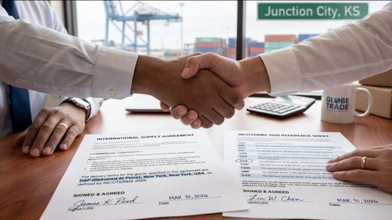 Two hands shaking over a signed contract with Incoterms