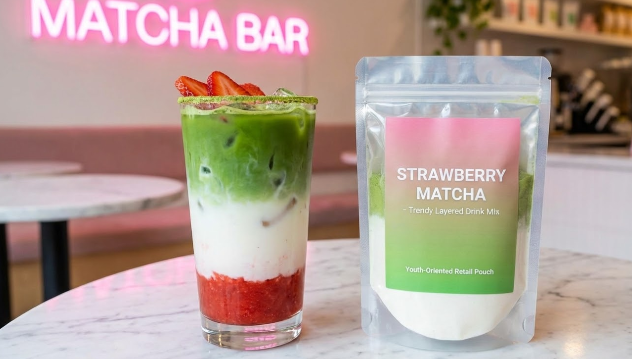 Trendy layered iced strawberry matcha latte and retail pouch displayed at a neon-lit matcha bar.