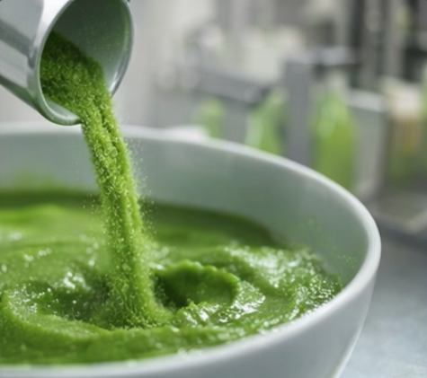 Fine matcha powder pouring into a smooth beverage base