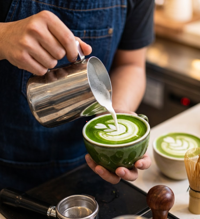 close-up of a vibrant green matcha latte being prepared by a barista