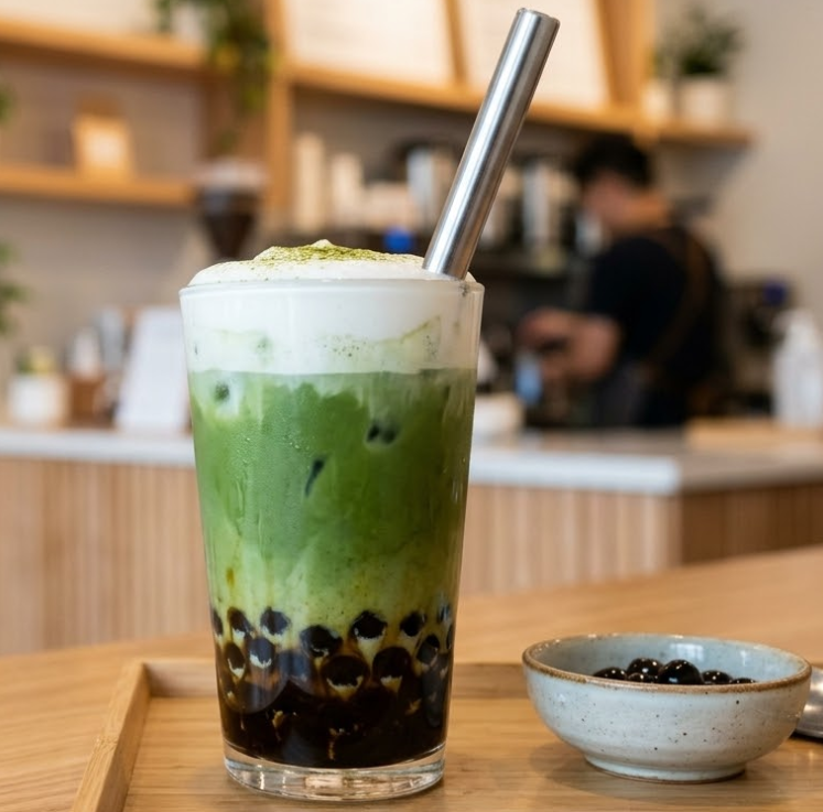 Iced matcha bubble tea in a tall glass with black tapioca pearls, a creamy foam top, and a metal straw, served on a wooden tray in a cafe.