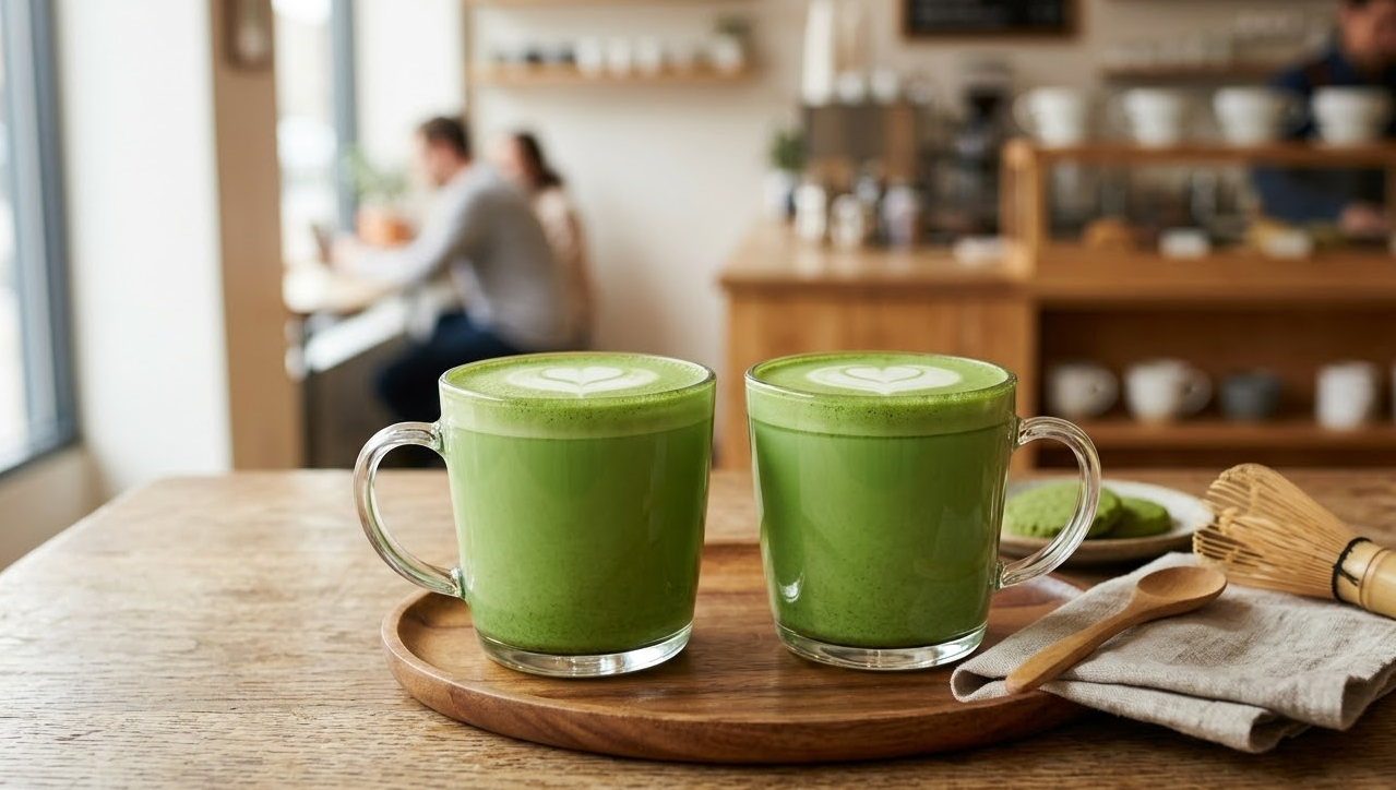 Two matcha lattes side-by-side, showing identical color and consistency.