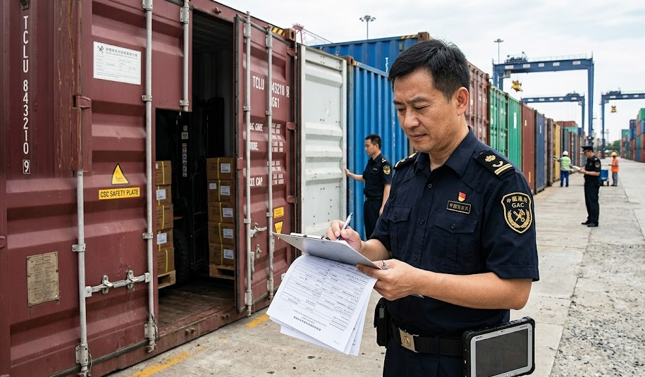 A customs officer inspecting a shipping container's documents