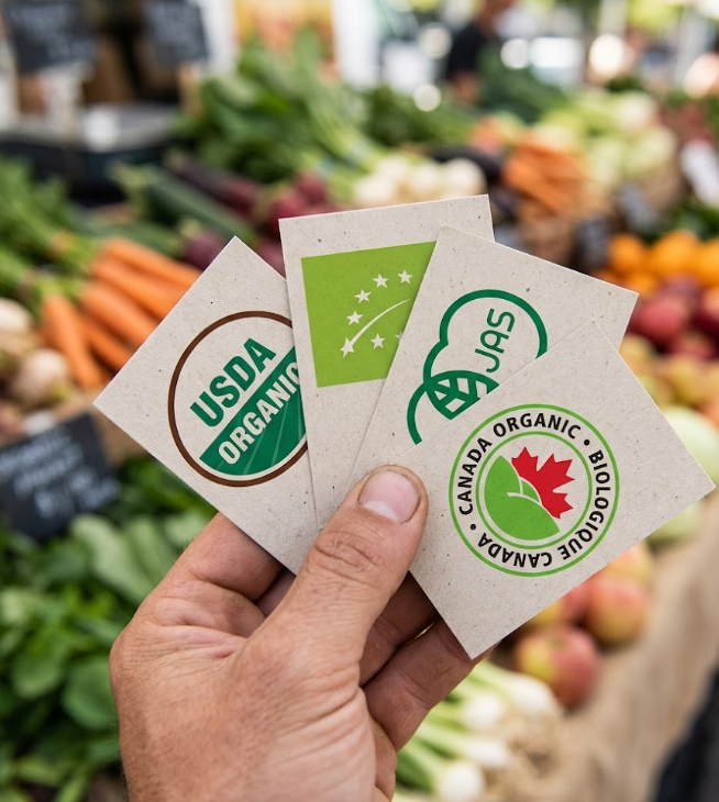 a collection of organic certification logos like USDA, EU Organic, and JAS