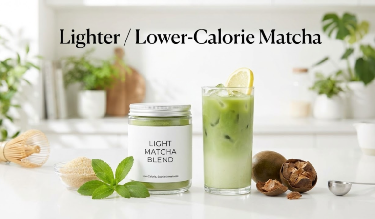 Lighter, low-calorie matcha blend concept shown with an iced drink and natural sweeteners like stevia and monk fruit.