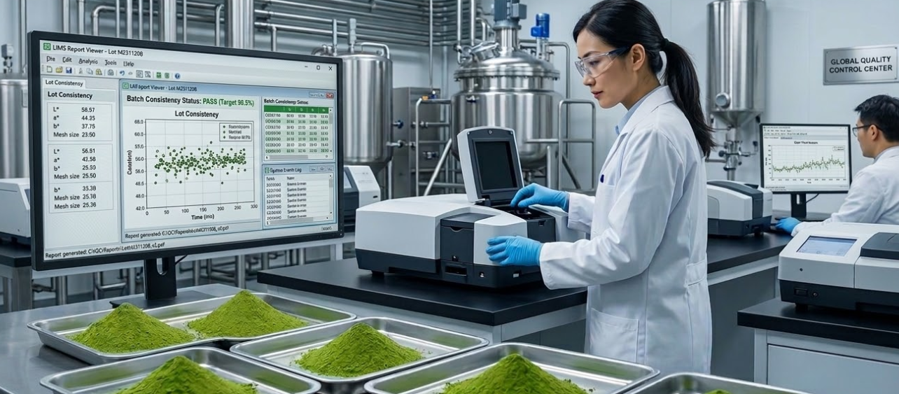 A scientist analyzing matcha powder in a lab
