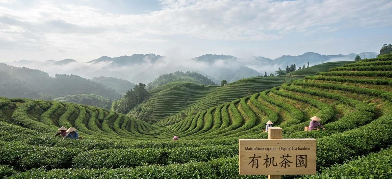 a vast, lush green tea plantation in Guizhou, China, under a clear sky