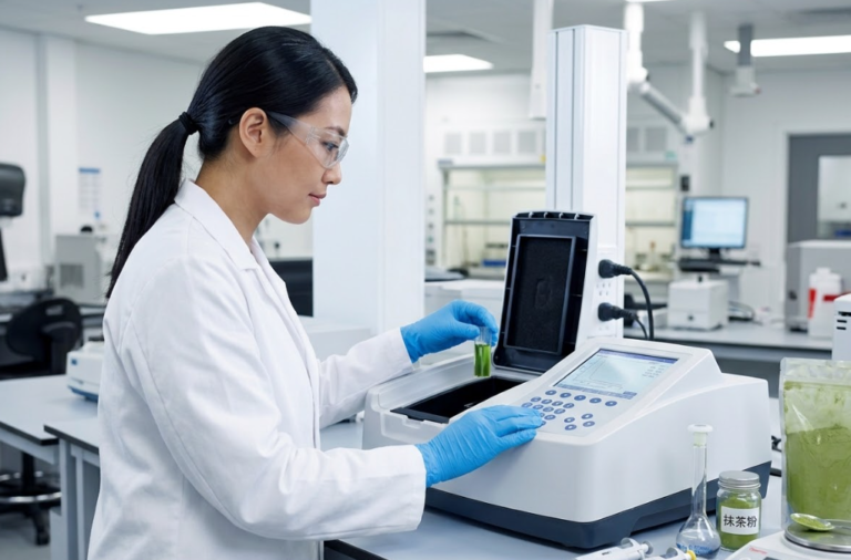 Female scientist in a modern analytical laboratory, analyzing a green tea extract sample using specialized scientific equipment, with nearby matcha powder test samples.