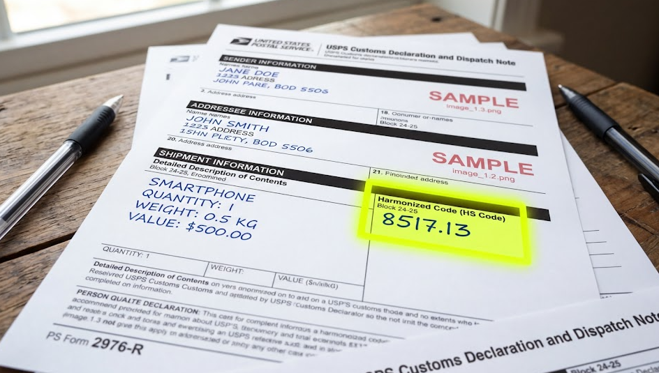 A customs declaration form with an HS code highlighted
