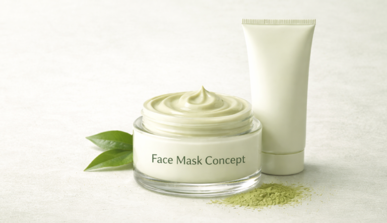 Open jar of creamy matcha face mask with a matching skincare tube, tea leaves, and matcha powder on a pale green background.