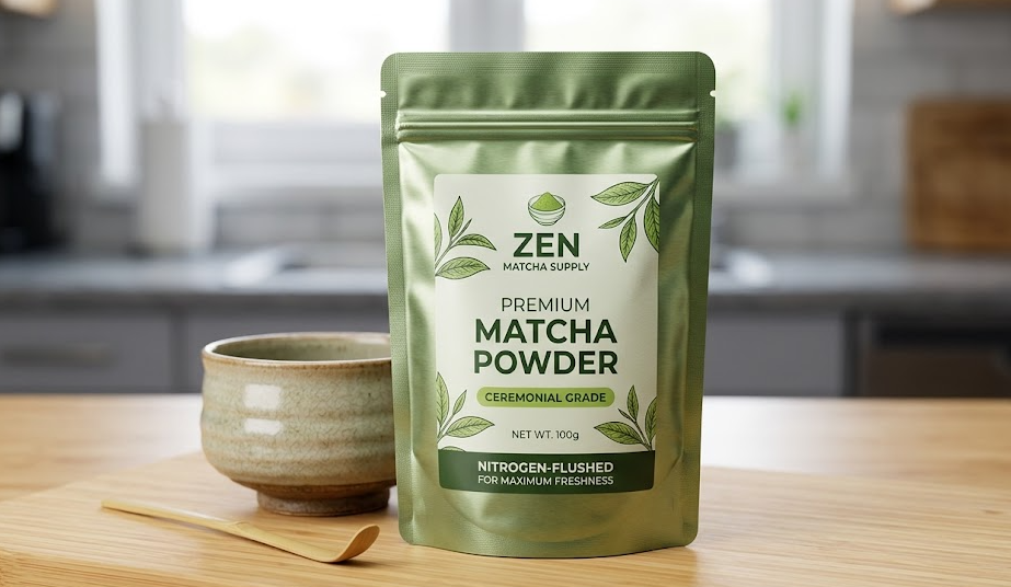 A nitrogen-flushed aluminum foil bag for matcha packaging