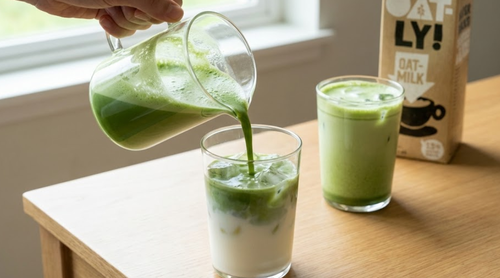 Matcha Latte Milk Pairing A vibrant green matcha latte being poured