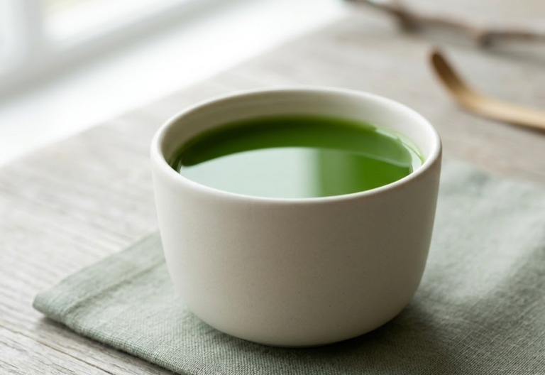 Matcha powder and bamboo scoop in a ceramic chawan bowl on a rustic wooden table.