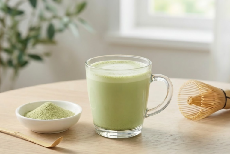 Hand pouring Daily Dose Matcha powder from a single-serve sachet into a ceramic mug, with a box of sachets, a glass of water, a bamboo whisk, and a bowl of matcha powder on a wooden kitchen counter.
