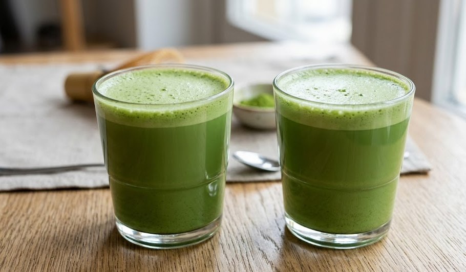 Two glasses of matcha side-by-side, showing identical color and texture