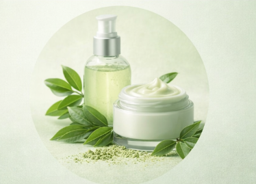 Botanical skincare serum bottle and cream jar with fresh green leaves and subtle matcha powder accents.