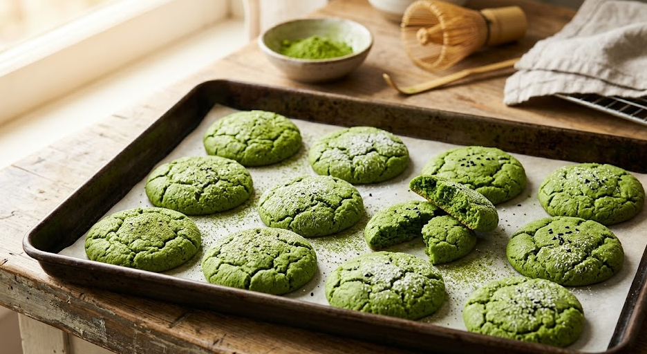 Heat-Stable Bakery Grade Matcha A tray of freshly baked matcha cookies that have retained their bright green color