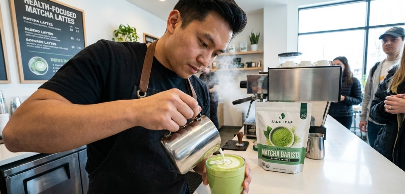 A vibrant green matcha latte being prepared by a barista