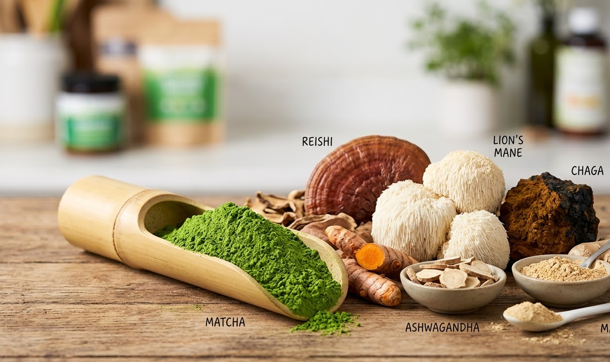 A scoop of matcha powder next to functional ingredients like mushrooms and roots