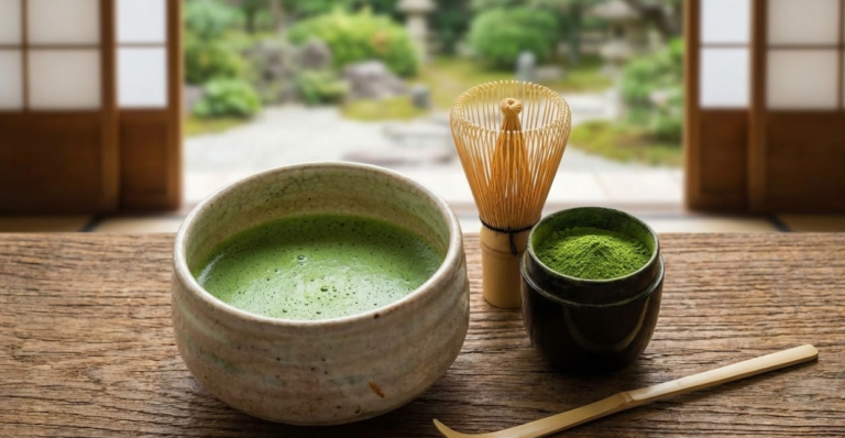 Traditional Japanese ceremonial matcha tea set with a bamboo whisk and bowl of frothy green tea against a garden backdrop.