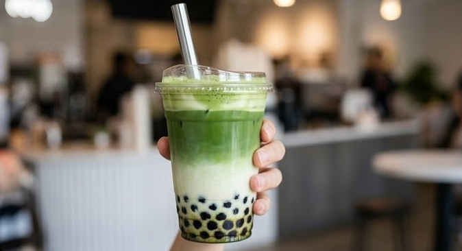 Hand holding a cup of layered matcha bubble tea with tapioca pearls in a cafe setting.