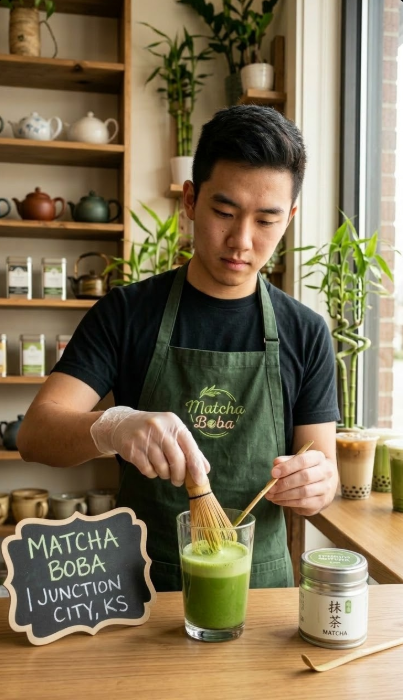 Person whisking matcha in a glass while wearing a “Matcha Boba” apron in a tea shop, with a matcha tin and sign on the counter.