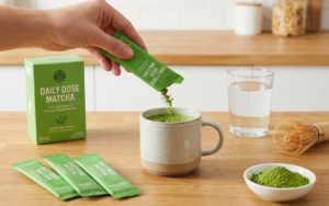 Daily Dose Matcha green box and three individual sachets displayed next to a ceramic mug filled with prepared matcha drink and a glass of water on a wooden table.